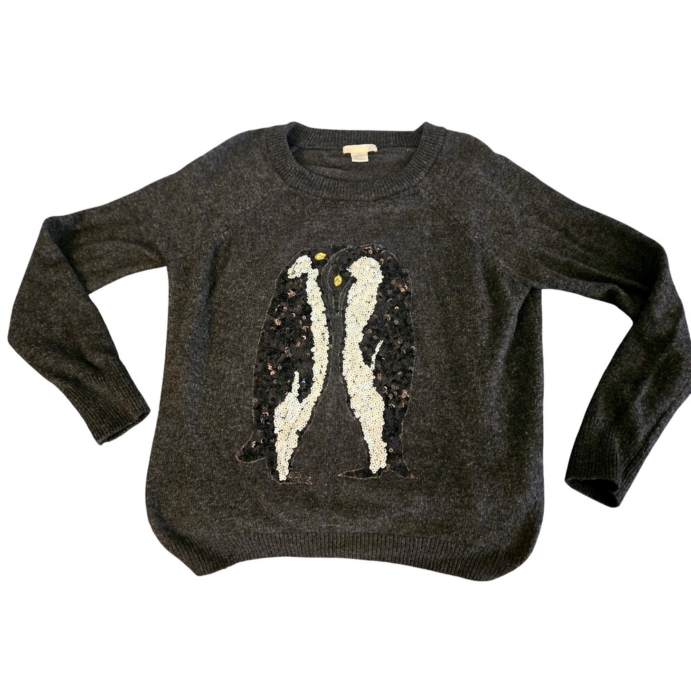 H&M Womens Penguin Sequin Embellished Sweater Charcoal Gray Size M